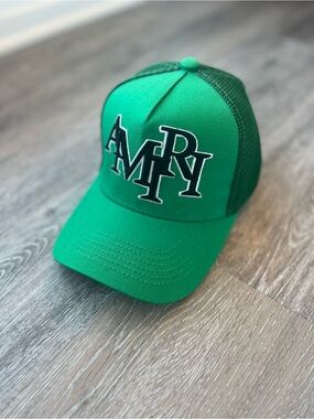 AMIRI MA Logo Trucker Hat Green Alabaster Mesh Snapback Baseball Cap